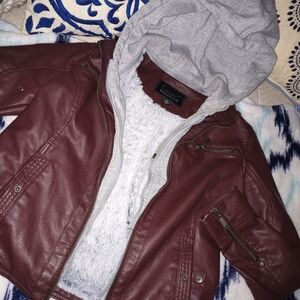 Jou Jou Burgundy Faux Leather Hooded Jacket with Gray Hood